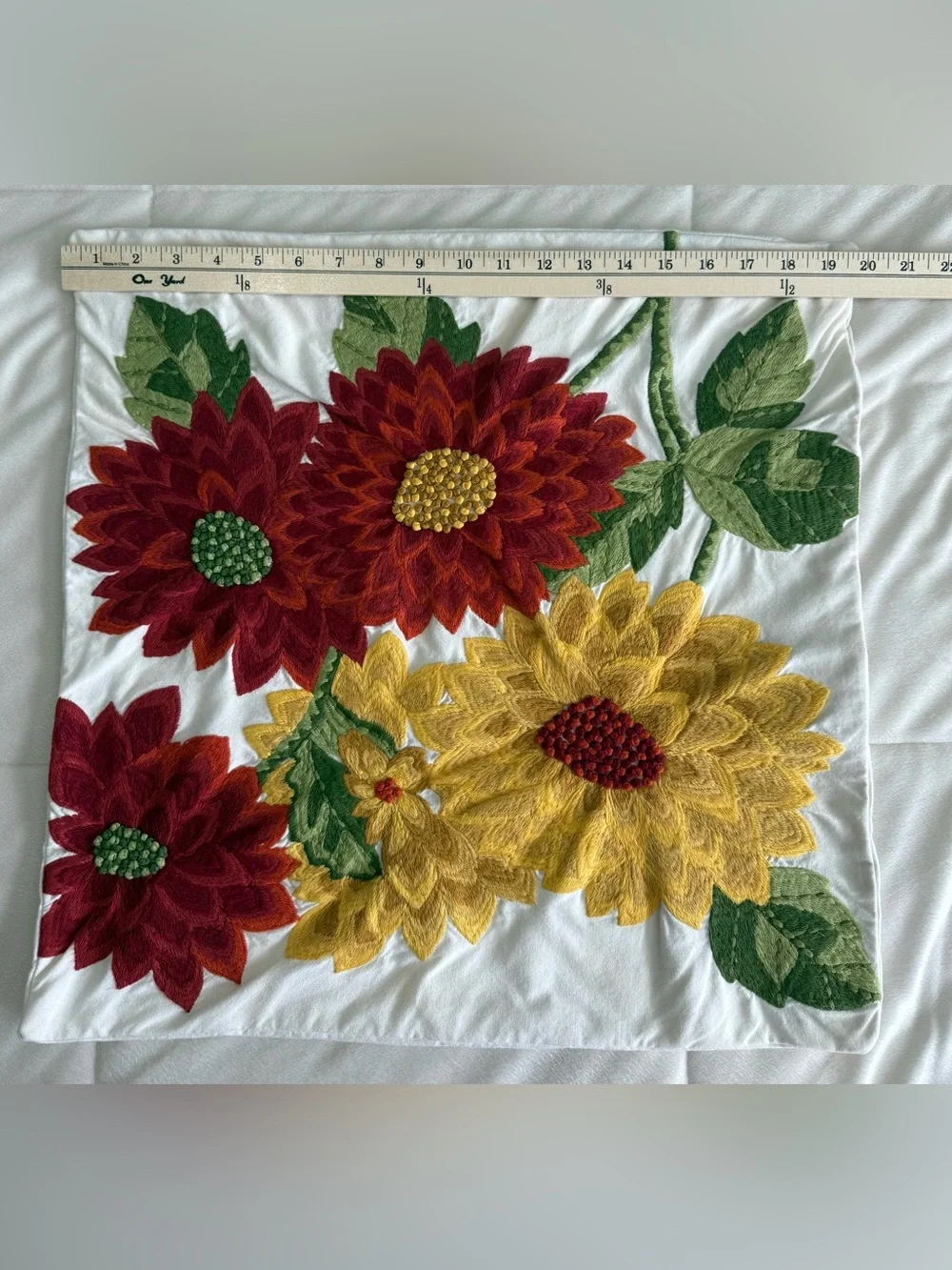 Pottery Barn Embroidered Floral Throw Pillow Cover 20x20 Cotton Textured